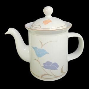 Dansk Teapot Tivoli Belles Fleurs Taupe Peach and Blue Flowers 1985 Vtg READ